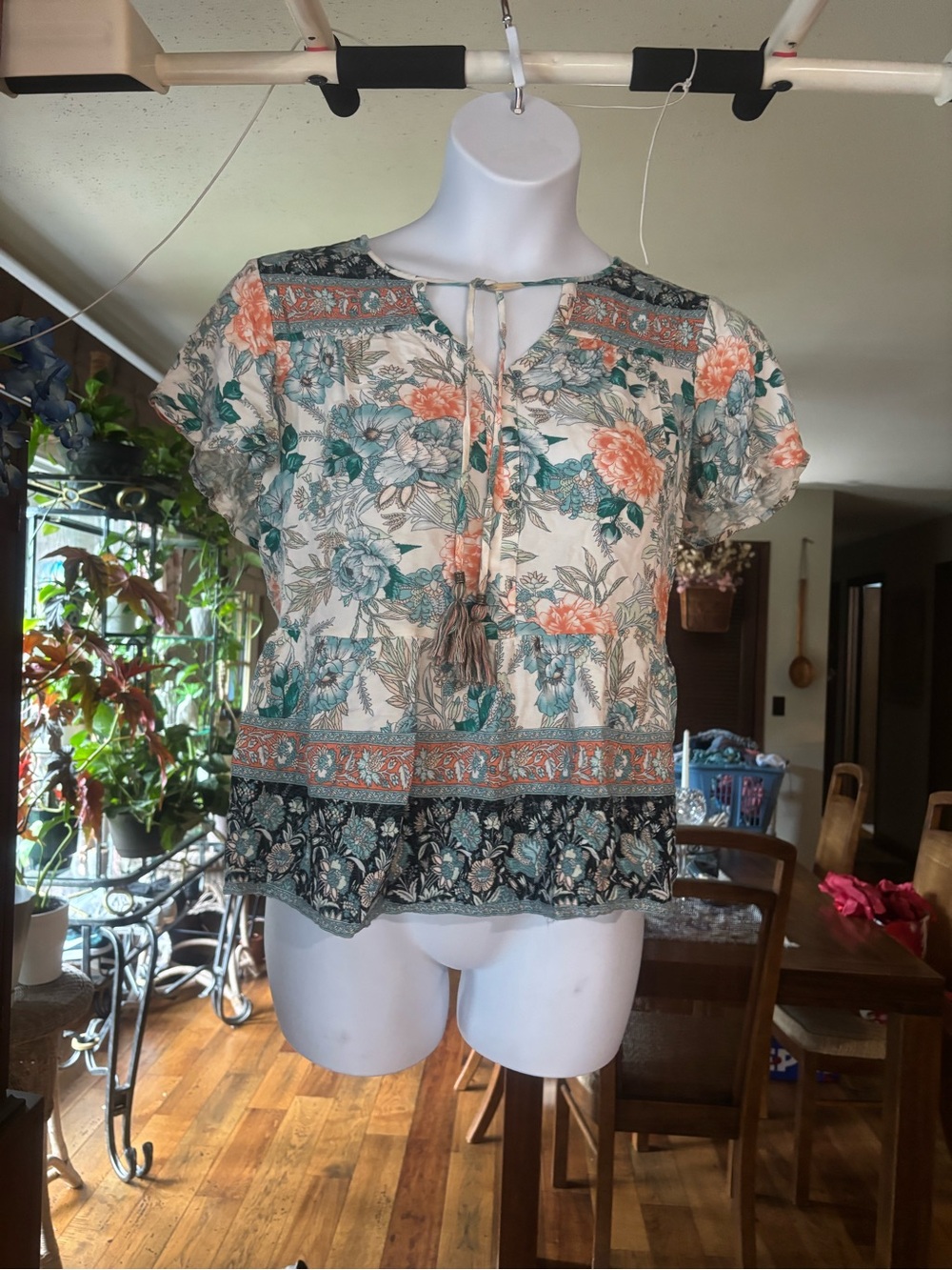 Davina Women’s Floral Tassel Peasant Top - Cream with Teal & Coral Size Large